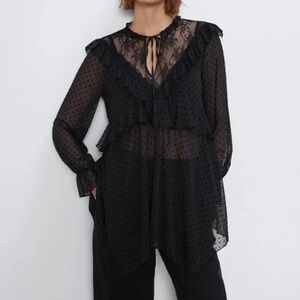 ZARA Elegant Black Sheer Lace Blouse